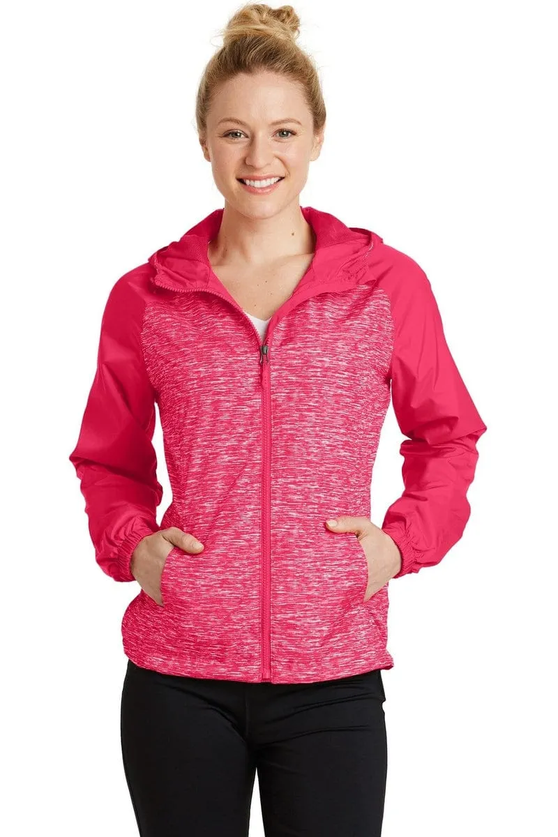 Sport-Tek LST40: Ladies Heather Colorblock Raglan Hooded Wind Jacket