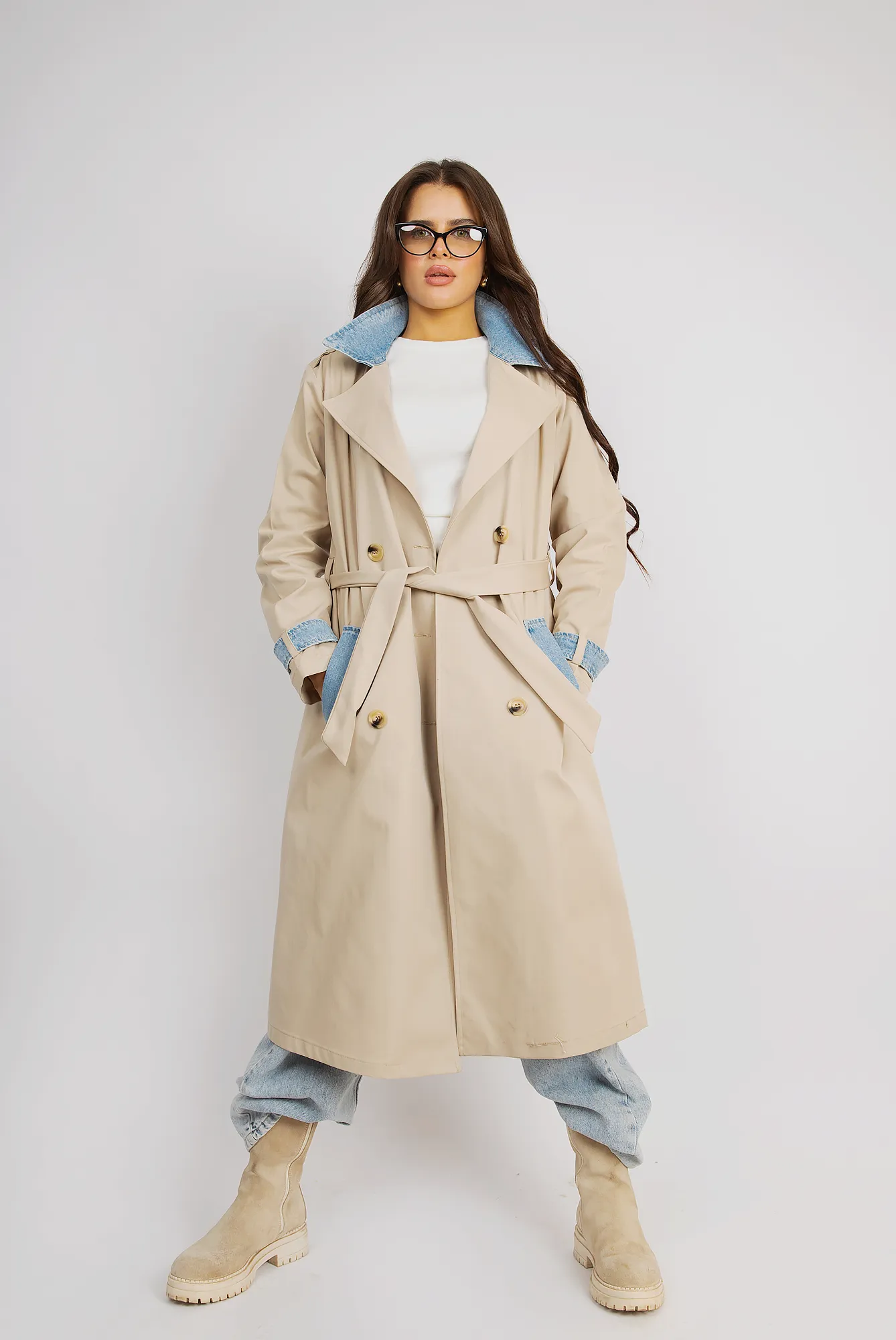 Urban Edge Trench Coat With Denim Highlights - Beige
