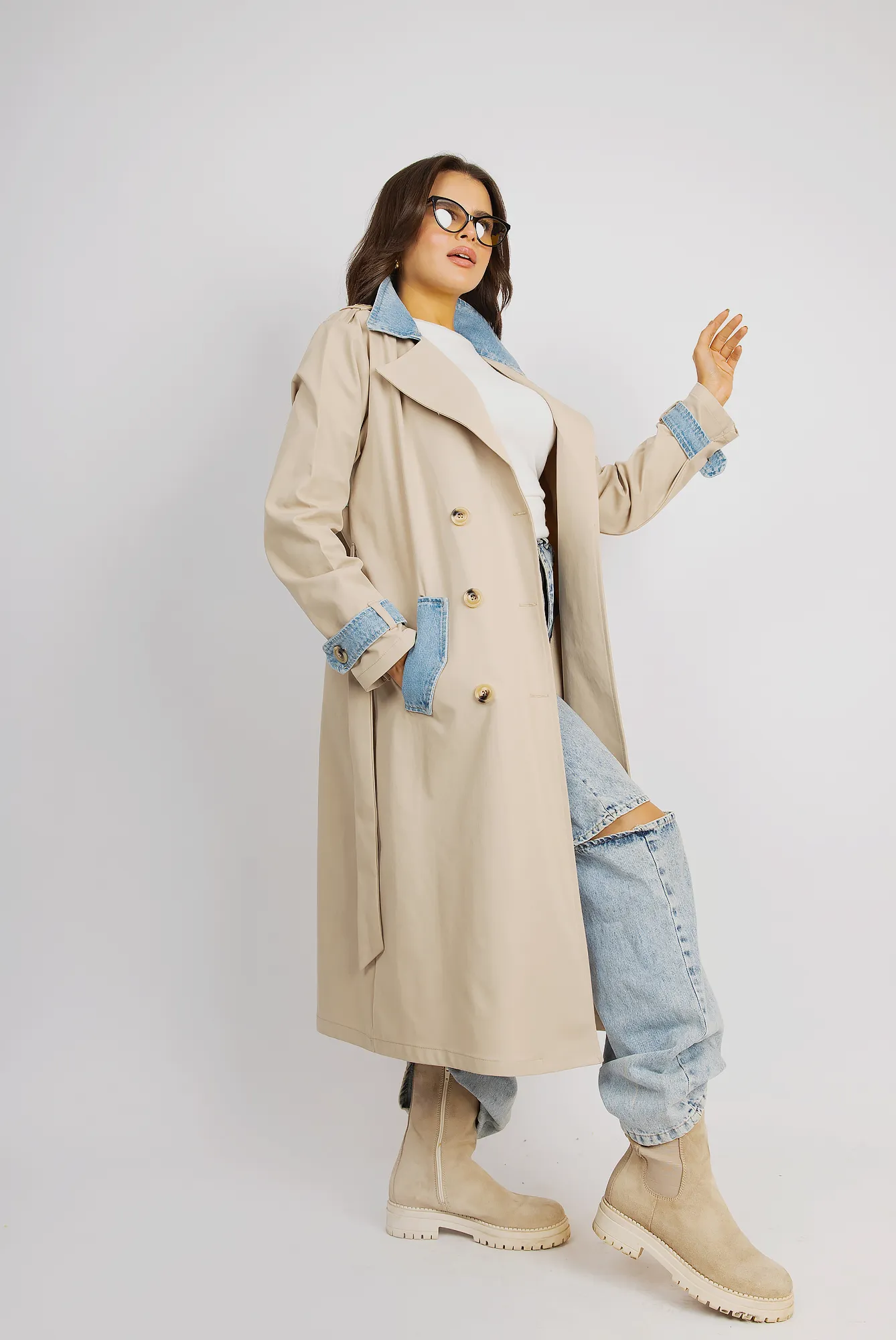 Urban Edge Trench Coat With Denim Highlights - Beige
