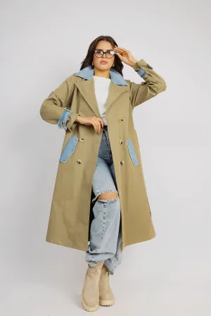 Urban Edge Trench Coat With Denim Highlights - Green