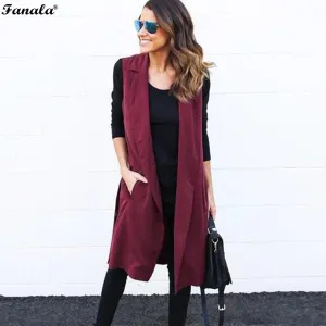 VenusFox Belted Sleeveless Long Vest Coats