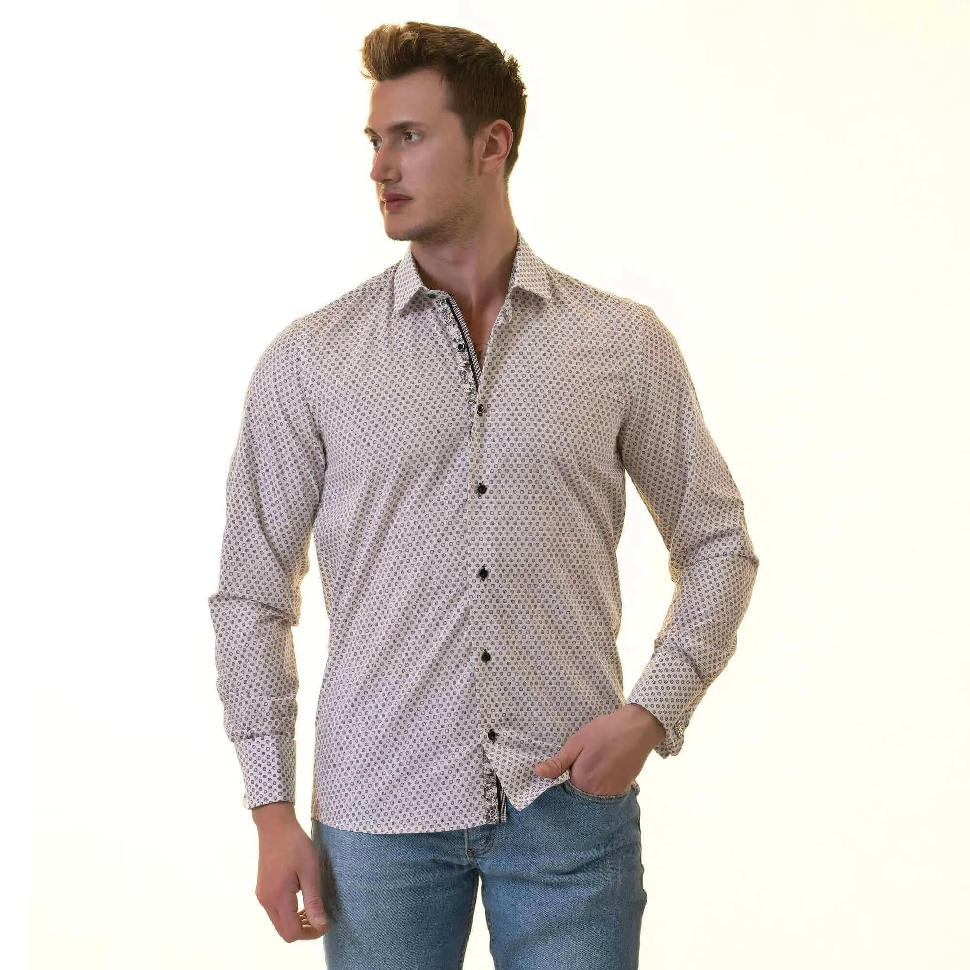 White Polka Dot Printed  Mens Slim Fit Designer Dress Shirt