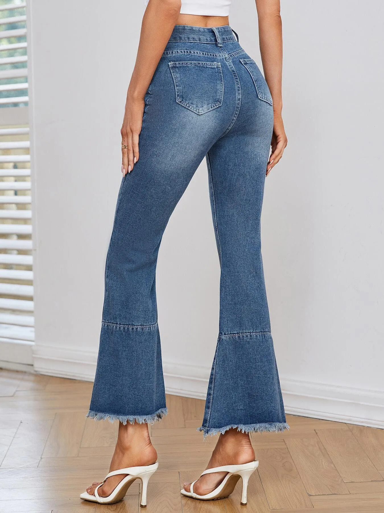 Women's High Waist Raw Hem Flare Leg Jeans