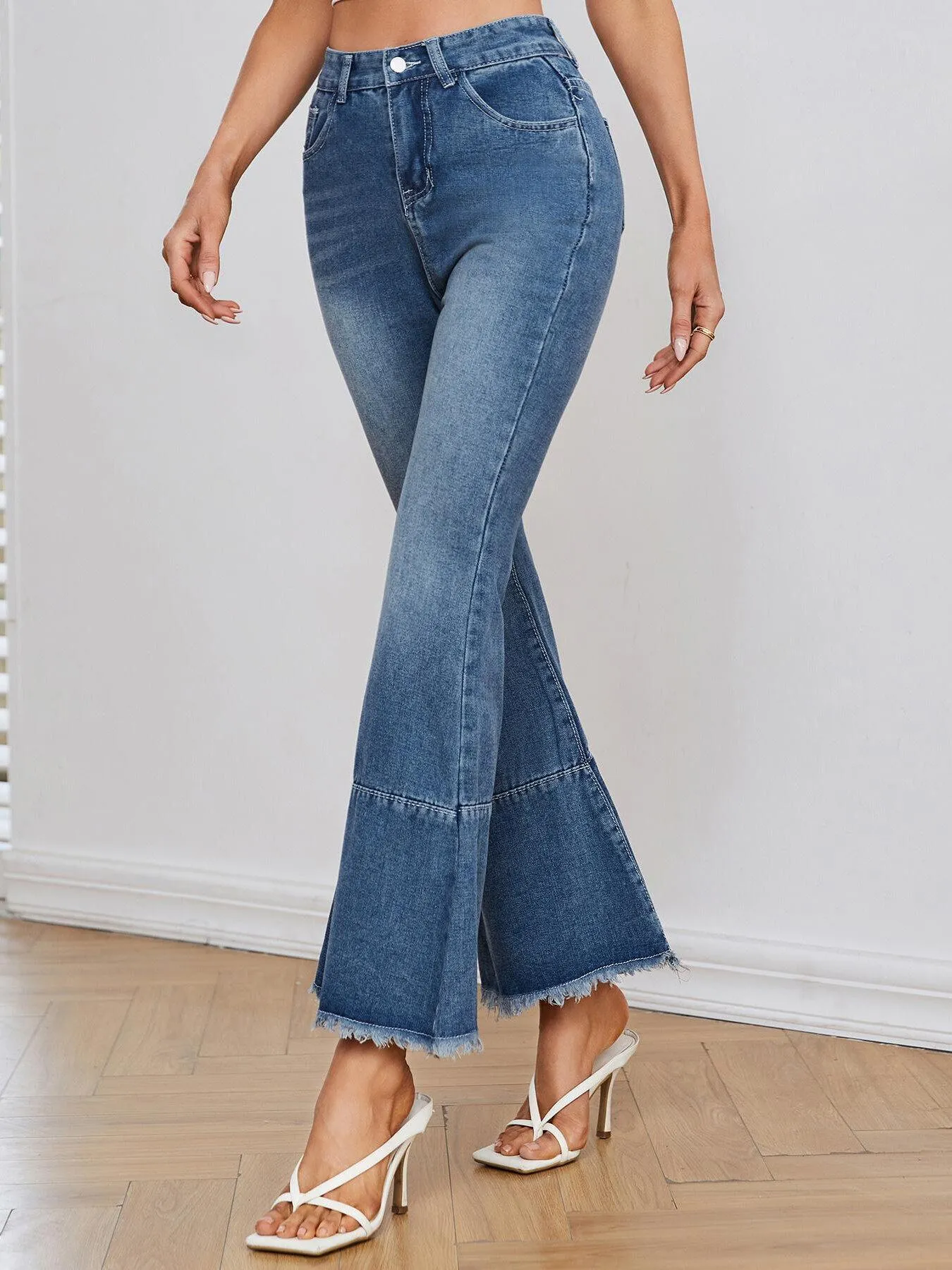 Women's High Waist Raw Hem Flare Leg Jeans