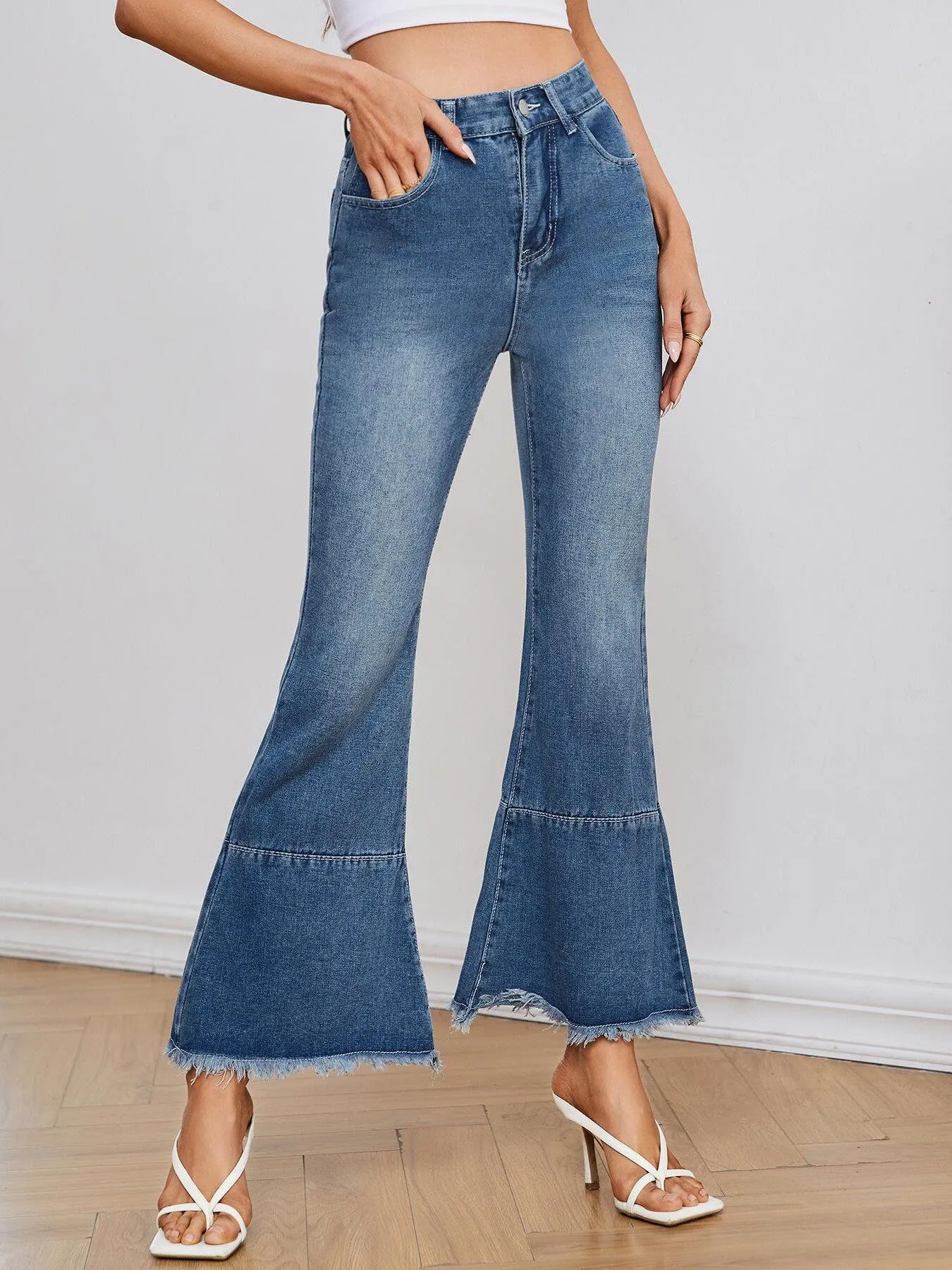 Women's High Waist Raw Hem Flare Leg Jeans