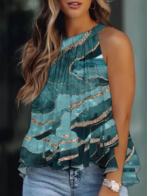 Women's Tank Tops Multicolor Print Halter Ruffle Sleeveless Tank Tops