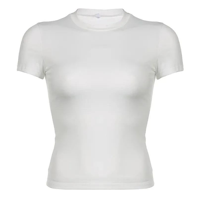 Women's Y2K Trendy Basic Short Sleeve Crew Neck T-shirt for Spring & Summer, Summer Clothes Women, Casual Solid Slim-fit Tee for Daily Streetwear